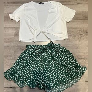 Zaful Green Floral Print Shorts and White Tie Front Tee
